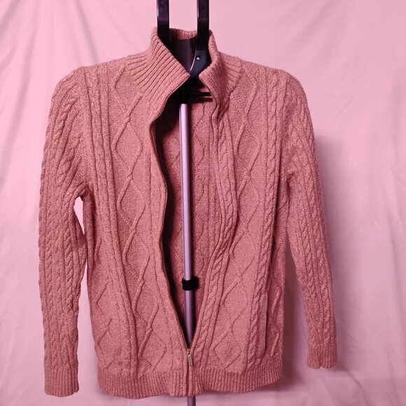 Kids Medium Tan Lands’ End Cable Knit Zip Sweater | Size 10–12 | Cozy Full-Zip C - Picture 2 of 6